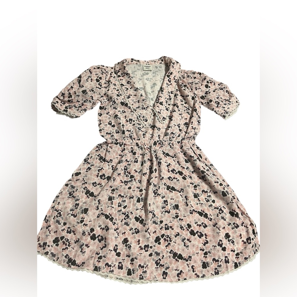 Sunday Best Floral print Sundress with  puff Sleeves. Pale ice/ momo peach